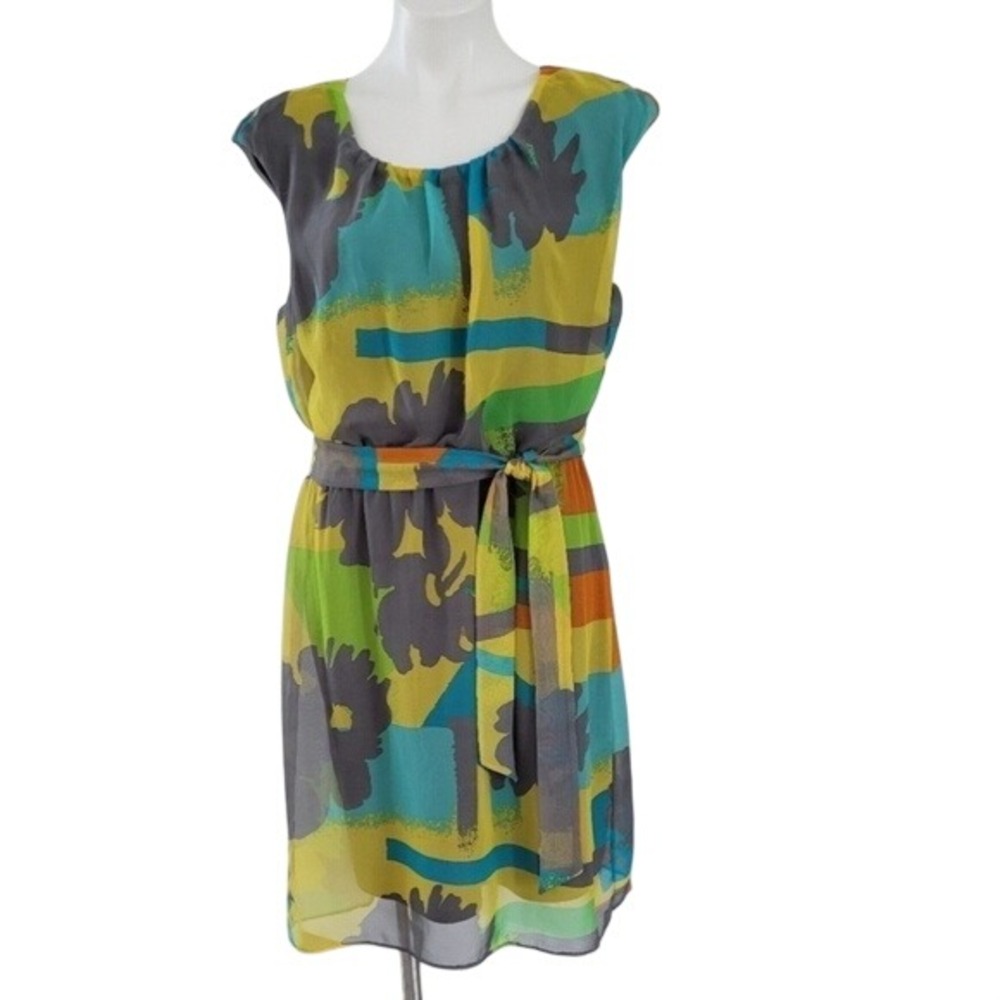 Amanda Lane Womens Abstract Print Sleeveless Belted Shift Dress Multi Color 14